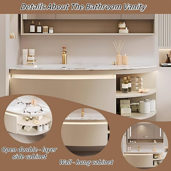 48IN Floating Bathroom Vanity, Wall Mounted Wood Sink Cabinet with Smart Sensor LED Light Strip & Open Style Side Cabinet | LED Lights & Defogging Function, Single Sink Vanities Set (Beige)
