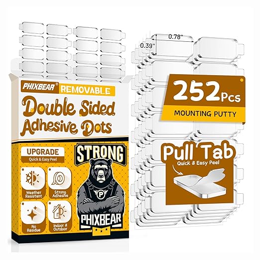 Upgraded Large Mounting Putty No Residue with Pull Tab, Double Sided Tape Adhesive Dots Clear Museum Sticky Tack, Picture Hanging Strips Fixed Decor Art Craft Party, 0.39 x 0.78 in (252 Pcs)