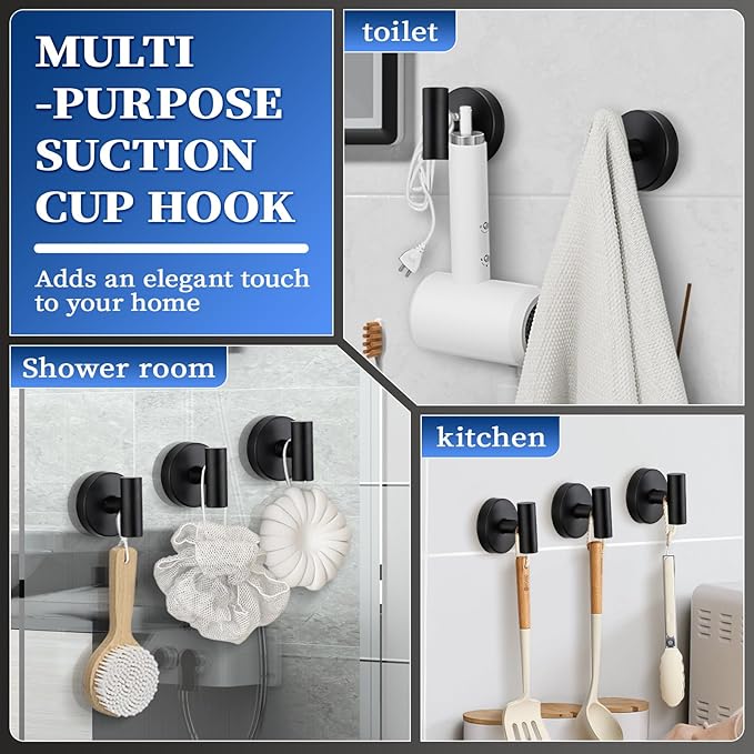 Suction Cup Hooks No Drill Stainless Steel Shower Hooks Towel Hook Robe Hook Heavy Duty on Smooth and Non-Porous Surfaces in Bathrooms Kitchen Bedroom (2, Matte Black)