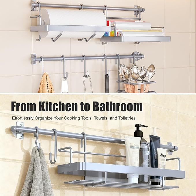 Kitchen Utensil Hanger & Spice Rack with Towel Holder,Space-Saving Wall Mount Kitchen Storage for Pantry,Countertop,Bathroom