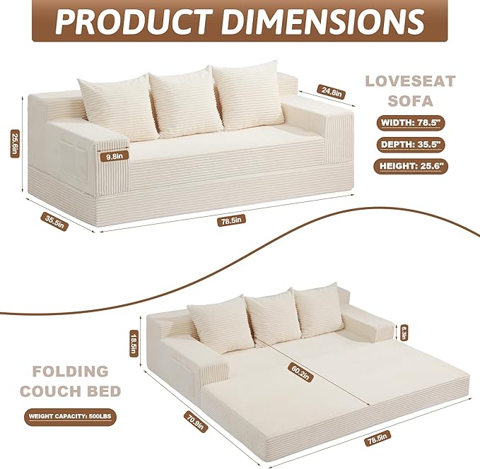 78" Convertible Sofa Bed, Foldable Floor Couch Futon Sofa,High-Density Sponge Boneless Couch, 3 Seater Sleeper Couch with 3 Pillows for Living Room Bedroom Lounge (Beige)