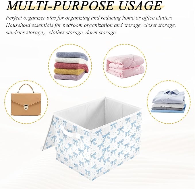 Blue Bows Fabric Storage Bin with Lid, Collapsible Basket with Handles, Shelf Cube Closet Organizer for Home and Bedroom