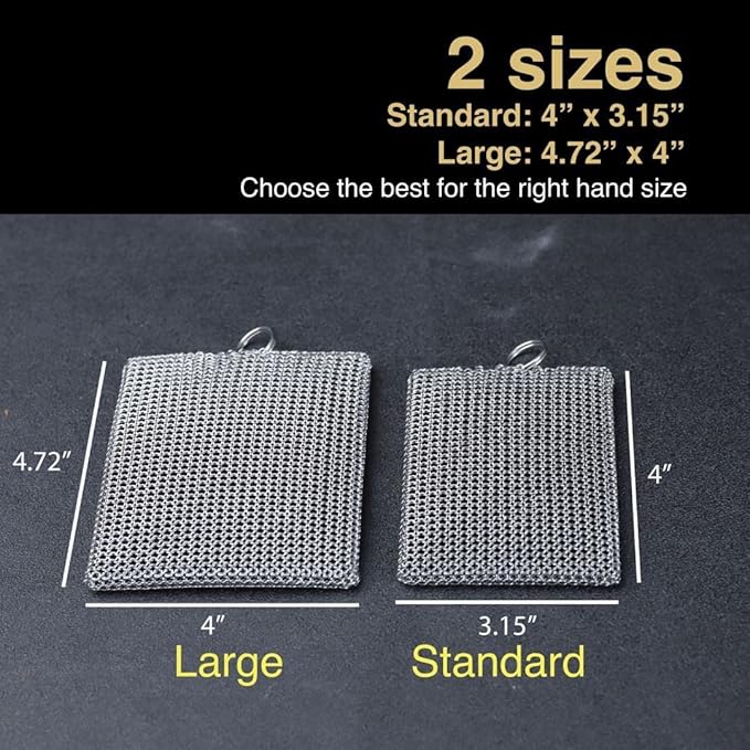 Cast Iron Cleaner Chainmail Scrubber -Fine Ring- 316 Stainless Steel Scrubbing Sponge Skillet – Dish Scrubber - Built-in Silicone with Welded Rings - for Cast Iron Pots, BBQ, Dishes (Large)