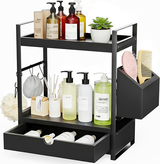 Kottwca Bathroom Counter Organizer with Drawer, 2-Tier Wood Countertop Organizer for Storage, Vanity Skincare Organizers, Bathroom Sink Shelf for Organization (Black)