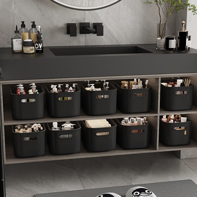 12 Pack Black Plastic Storage Bins, Storage Container for Organizing, Storage Boxes with Handle for Shelves, Cute Organizer Bins for Craft, Snacks, Pantry, Cabinet, 8.7x6.7x5.66inch