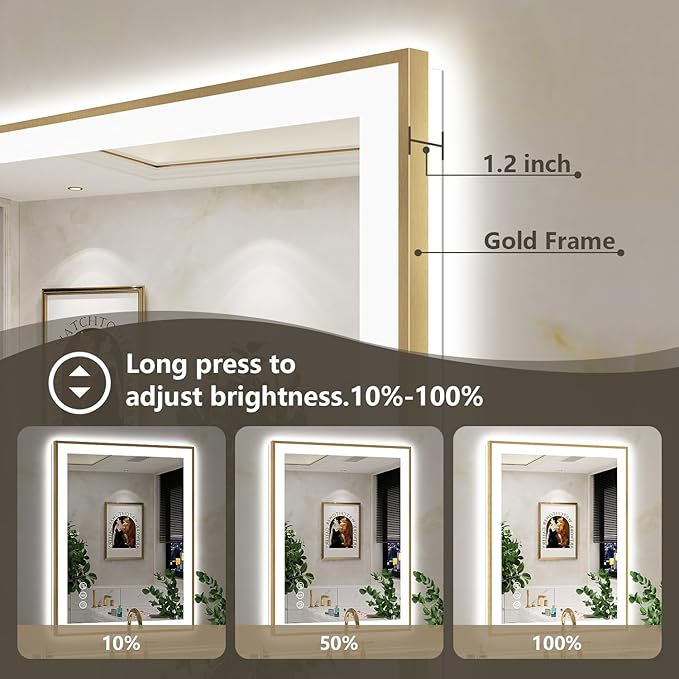 40x36 Inch LED Bathroom Mirror with Lights (Front Lit and Backlit) Gold Framed Lighted Vanity Mirror for Bathroom Wall Dimmable Anti-Fog Memory Tempered Glass Horizontal/Vertical