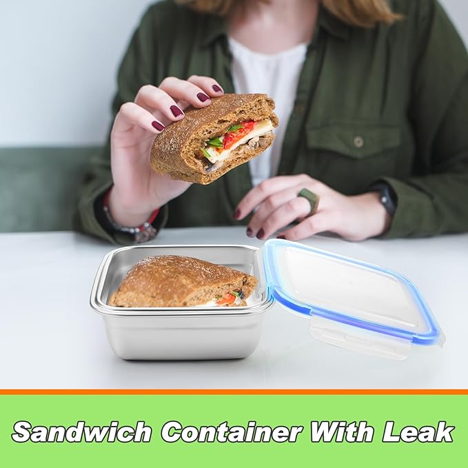 4 Pack Stainless Steel Sandwich Containers with Lids 25.4 oz Metal Food Container for Lunch Boxes with Airtight Silicone Seal for Sandwiches and Snacks(Blue)