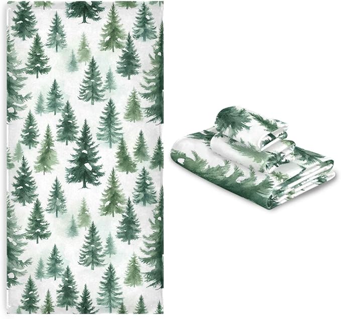 Christmas Winter Towels Set of 3 Woodland Rustic Forest Pine Trees Bathroom Towel Soft Absorbent Bath Hand Towels Washcloth Guest Towel Sets Xmas Holiday Decor
