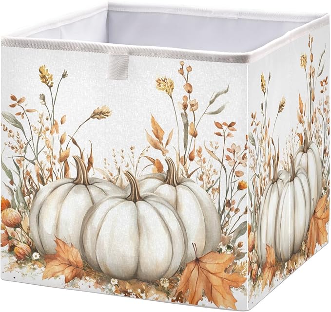 White Pumpkins and Fall Flowers Leaves Autumn Colors O Closet Organizers Storage Cubes Storage Bins Shelf Baskets Containers for Home Room Office,Rectangle