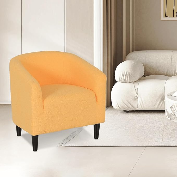 Athena Collection Modern Barrel Accent Chair, Furry Cozy Reading Arm Chair for Adults, Soft Comfy Upholstered Sofa Armchair for Corner, Living Room, Bedroom, Reception Room, Yellow