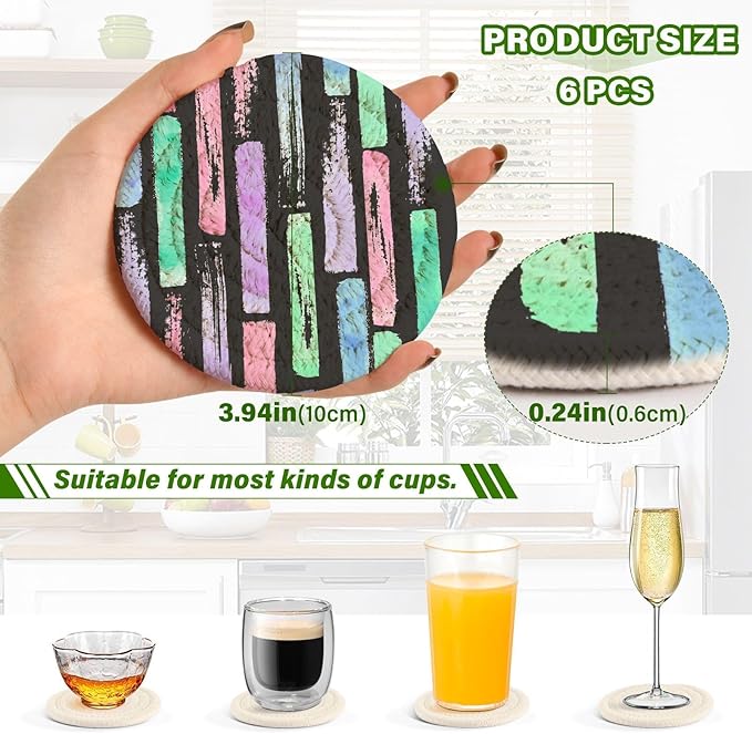 Geometric Shapes Drink Coasters, Handmade Cotton Absorbent Coaster Set of 6, Minimalist Home Decor for Coffee Table, Kitchen, Housewarming and Wedding Registry Ideas