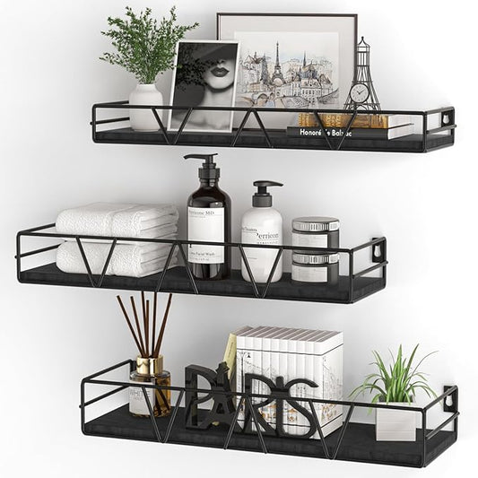 Floating Shelves Set of 3, Home Wood Wall Shelf, Farmhouse Shelf for Bedroom, Wall Mounted Floating Shelf for Living Room, Bedroom, Bathroom, Kitchen, Office (Black 2)