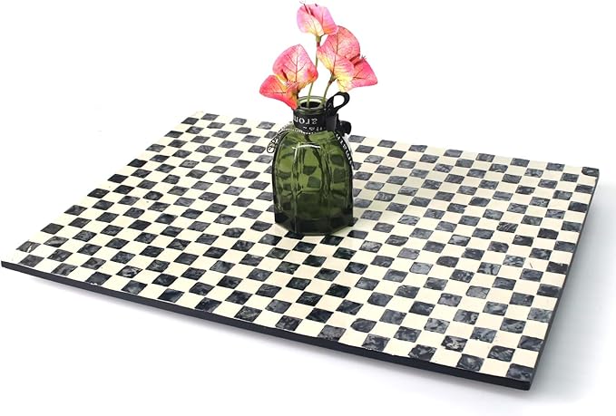 Rectangle Mother of Pearl Lazy Susan Turnable Organizer, 360 Degree Round Table Countertop Decorative Spinning Tray for Kitchen Cabinet Counter Spice Pantry Dinner Table (Chessboard)