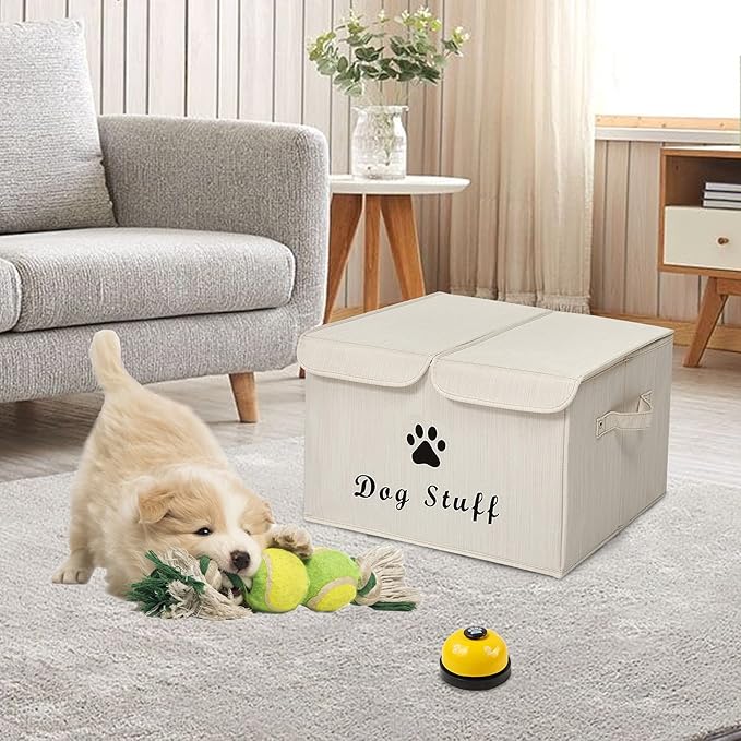 Geyecete Large Storage Boxes - Large Linen Fabric Foldable Storage Cubes Bin Box Containers with Lid and Handles for Dog Apparel & Accessories, Dog Toys(BambooiBeige)