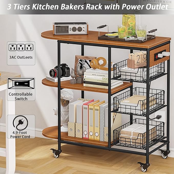 LINZINAR Kitchen Bakers Rack with Power Outlet Coffee Bar Table 3 Tiers Microwave Oven Stand with Wheels Pull-Out Wire Basket Kitchen Storage Shelf Rack for Spices Pots and Pans (Redbrown, 3Tier)