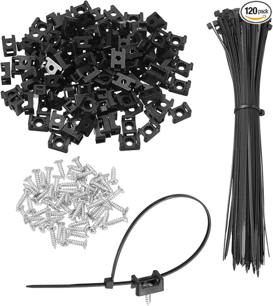 MECCANIXITY 120pcs 0.58" Cable Tie Saddle Type Mounts Base with 8" Cable Zip Ties and M3 Tapping Screws, Wire Organizer Holder Clamps Set, Black