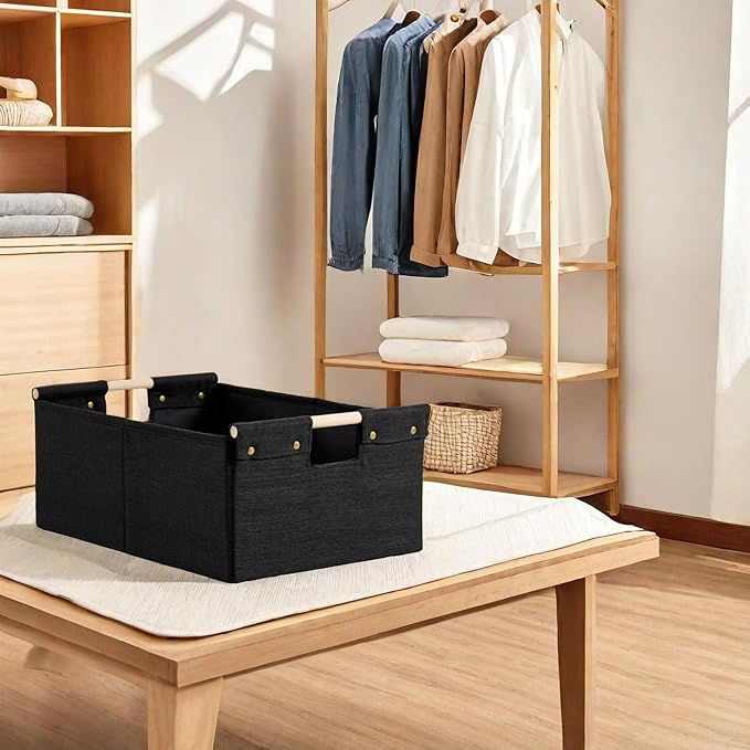 2PCS Storage Bins Cotton Linen Fabric Storage Boxes Basket with Wooden Handles Foldable Washable Decorative Shelf Container Closet Clothes Organizer Home Laundry (Small Size, Black)