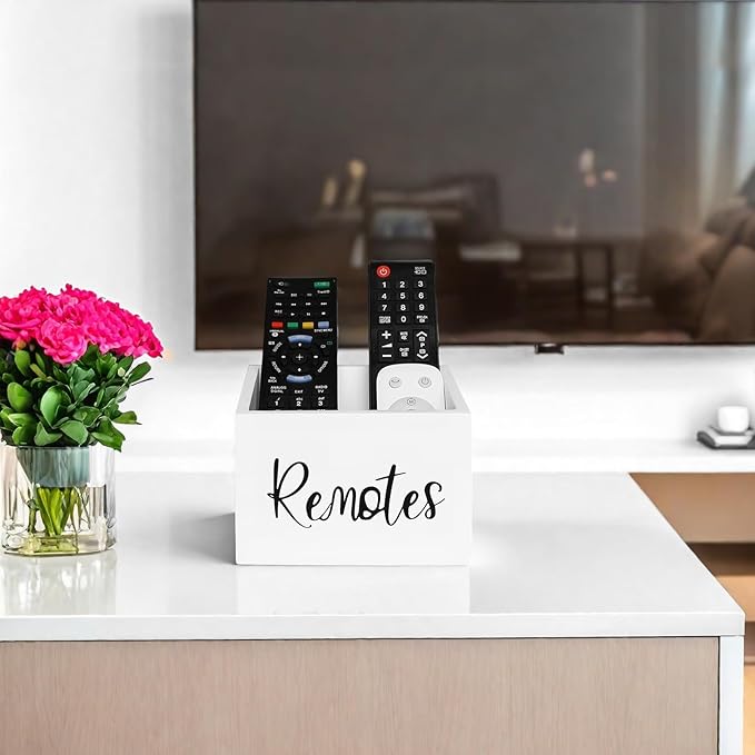 Wood Remote Control Holder, TV Remote Control Organizer for Home Bedroom Table, Multi-Purpose Desktop Storage (White, M,for 3+ Remote Controls)