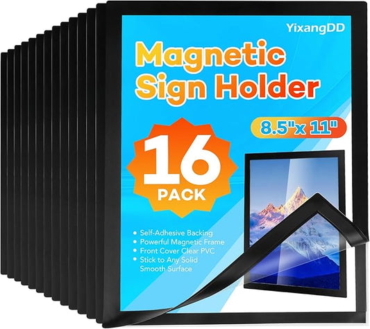 YixangDD 16 Pack Magnetic Sign Holder 8.5 x 11, Self-Adhesive Magnetic Wall Mount Sign Holder, Magnetic Document Holder for Wall Window Office Poster Store