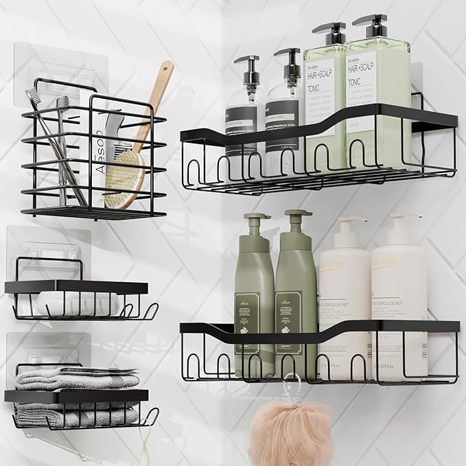 Clara Clark Bathroom Accessories Set - Bathroom Set with Adhesive Corner Shower Caddy Hanging, 25PC Bathroom Accessory Set, Sage Green Shower Curtain Set, Toilet Brush, Trash Can & Soap Dispenser