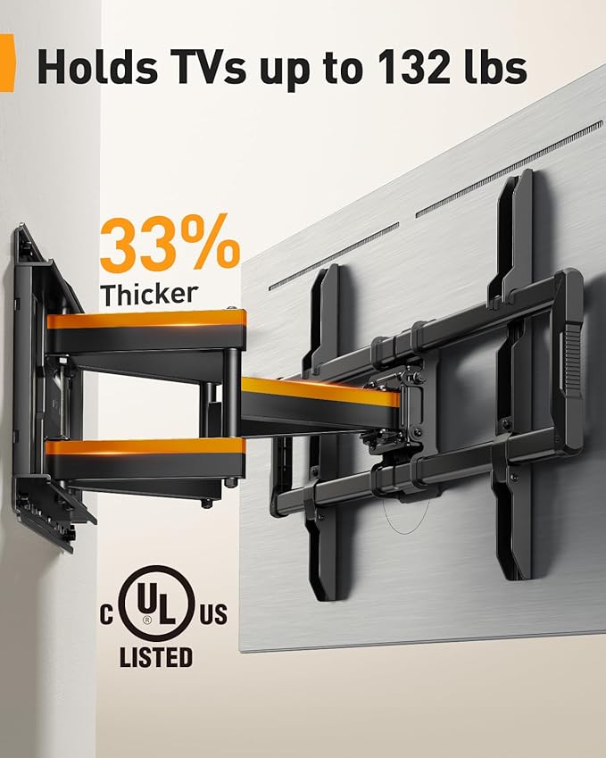 Perlegear UL-Listed Full Motion TV Wall Mount for 42–97 Inch Flat Curved TVs up to 132 lbs, 12″/16″ Wood Studs, TV Mount Bracket with Tool-Free Tilt, Swivel, Extension, Max VESA 600 x 400mm, PGLF15