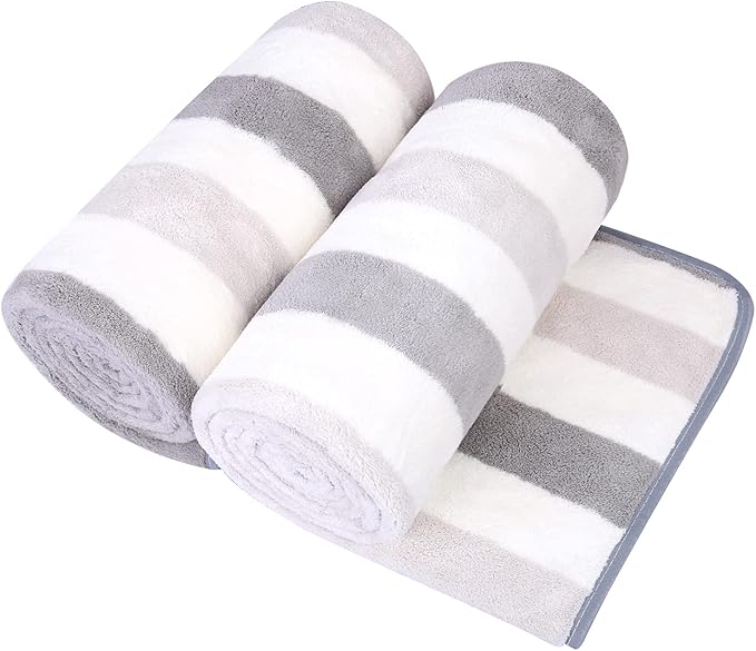 Microfiber Bath Towels, Large Bath Towel Set of 2, 30" x 60", Oversized, Soft, Super Absorbent, Fast Drying, Perfect for Hair Wrap, Sport, Fitness, Yoga, Cabana Stripe Grey