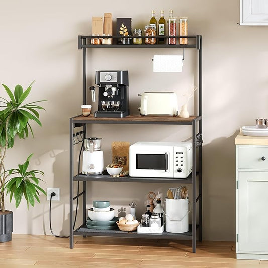 Bakers Rack with Power Outlet, Microwave Stand with Paper Holder, Bakers Rack with Storage, Coffee Bar Station with 6 Hooks, for Kitchen, Dining Room, Rustic Brown and Black BRHR361E01