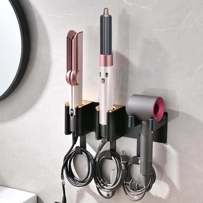 Hair Tool Organizer Wall Mount, Hair Dryer Curling iron Organizer, Flat Iron Straightener Holder, Aluminum Alloy & ABS plastic, Black and Gold (Not Including Hair Tools)