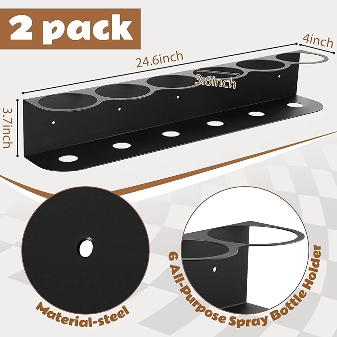 2 Pcs 6 Holes All Purpose Steel Spray Bottle Holder Heavy Duty Can Holder Rack Organizer Easy Install Wall Mount Paint Spray Bottle Organizer Storage Rack for Garage Home Workspace(Black)