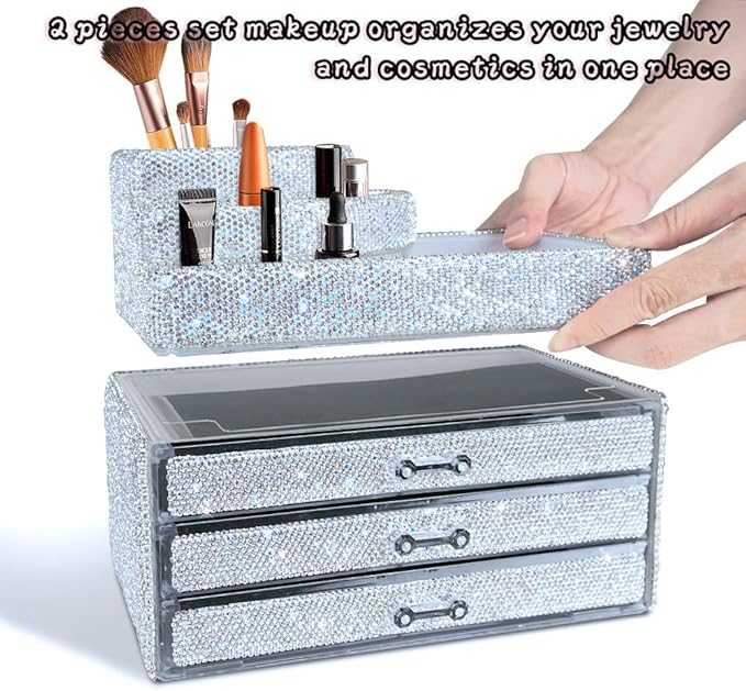 KEYPOWER Bling Rhinestone Makeup Cosmetic Jewelry Organizers Drawer & Remote control Holder(White)