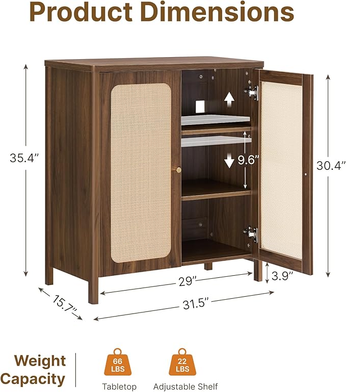 2 PCS Rattan Sideboard Buffet Cabinet 2 Door Boho Kitchen Storage Cabinet Accent Console for Living Room, Hallway, Kitchen, Sideboard, Buffet Table Walnut