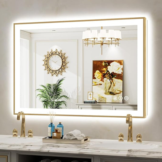 44x30 Inch LED Bathroom Mirror with Lights (Front Lit and Backlit) Gold Framed Lighted Vanity Mirror for Bathroom Wall Dimmable Anti-Fog Memory Tempered Glass Horizontal/Vertical