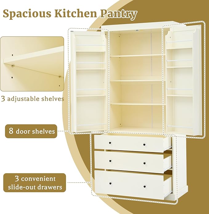 Merax 77" Tall Kitchen Storage Cabinet Pantry Freestanding Large Cupboard with 3 Drawers,3 Adjustable Shelves,8 Door-Shelf for Dining Room,Cream