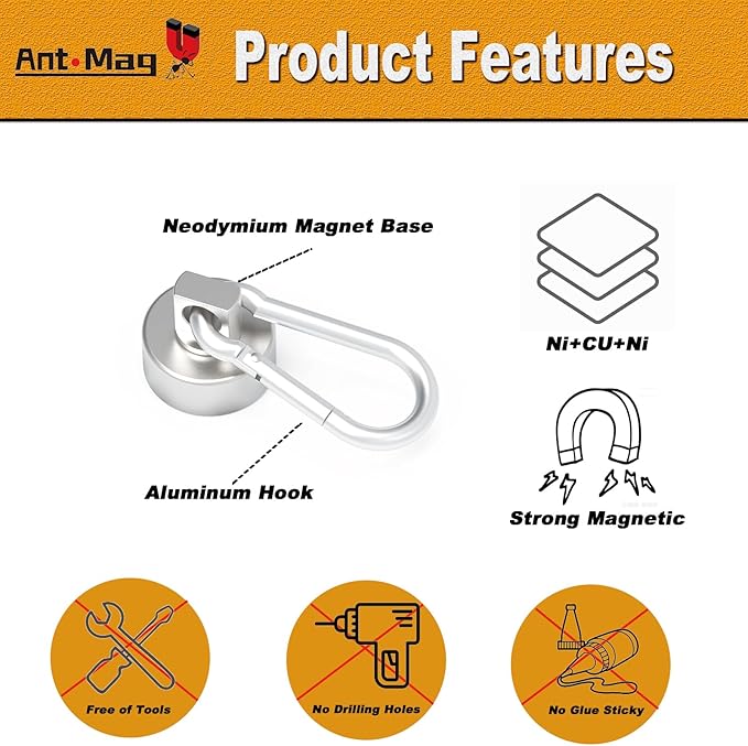 Ant Mag Magnets Hooks Heavy Duty with Carabiner 22lbs Strong Magnets Great Hanging for Refrigerator Cruise Cabin Grill Wreath Kitchen Office 10 Pack