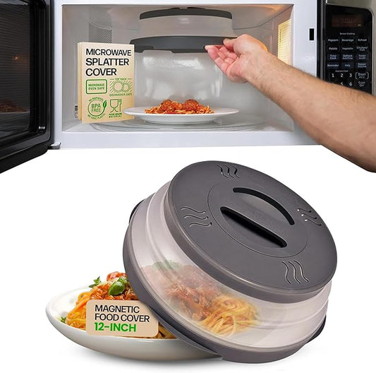 HOVER COVER High Power Magnetic Microwave Splatter Cover with Strongest Magnetic Grip, Collapsible 12-Inch BPA-Free Food Lid, Vented Plate Guard, Dishwasher Safe Space-Saving Storage - Gray