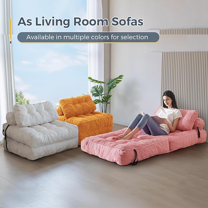 MAXYOYO Folding Sofa Bed, Convertible Sleeper Chair with Pillow Foldable Mattress with Back Support, Portable Fold Out Chair Bed Comfy Floor Sofa Lounge for Living Room Bedroom, Orange, Single