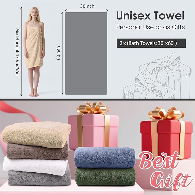 Microfiber Bath Towels, Oversized, Ultra Soft, Super Absorbent and Fast Drying, No Fading Large Bathroom Towel Set for Sport, Travel, Fitness, SPA and Yoga (Coral Fleece - Camel, 30 in x 60 in)