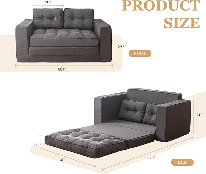 YOSHOOT Loveseat Sleeper Sofa,55" Convertible Sofa Bed Couch Futon Couches for Living Room,3-in-1 Pull Out Floor Couch with Reclining Backrest and Pillows