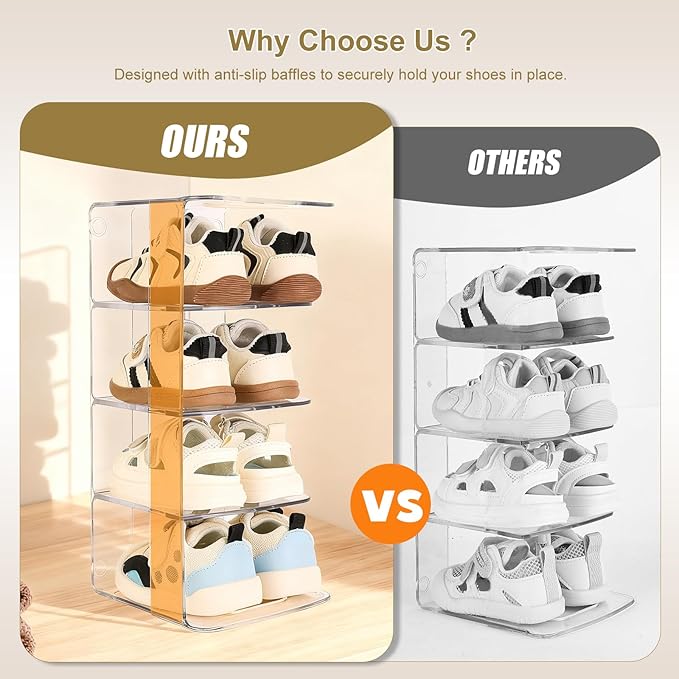 Clear Acrylic Kids Shoe Rack for Closet, Baby Shoe Organizer and Storage, 4 Sections Toddler Shoe Storage Organizer for Closet, Desk File Sorter Book Purse Organizers (2 Pcs)