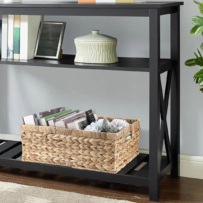 Hipiwe Wicker Basket for Shelf Organizing, Storage Basket Bins with Built-in Handles, Handwoven Water Hyacinth Baskets Rectangular Decorative Baskets Bin,15.9"x12"x5.9"