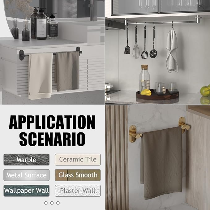 Towel Bar, Adjustable 14.4inch - 25.2inch Towel Rack, Self Adhesive & Wall Mounted for Bathroom Kitchen Hand Towel Holder Cloths Hanger SUS 304 Stainless Steel Organizer Single Bar (2, Chrome)