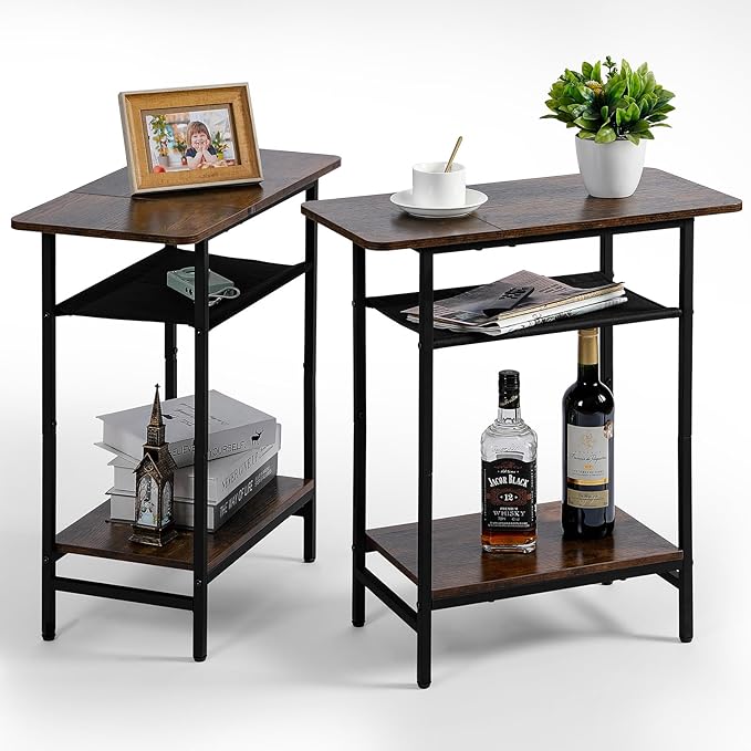 Narrow Side Table Set of 2 for Small Spaces, 3-Tier End Table for Living Room with Wide Storage Tabletop, Rustic Brown Slim Nightstand for Bedroom, Couch,Sofa
