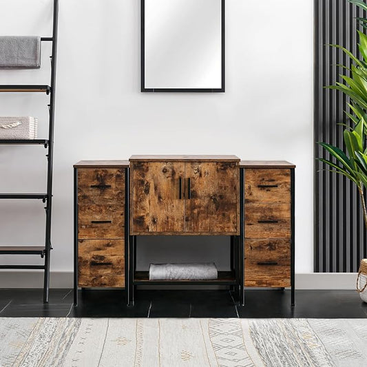 eclife 48" Bathroom Vanity Sink Combo Modern Metal Stand Cabinet W/Bottom Shelf & Storage Side Cabinets, Rustic Brown (Without Sink)