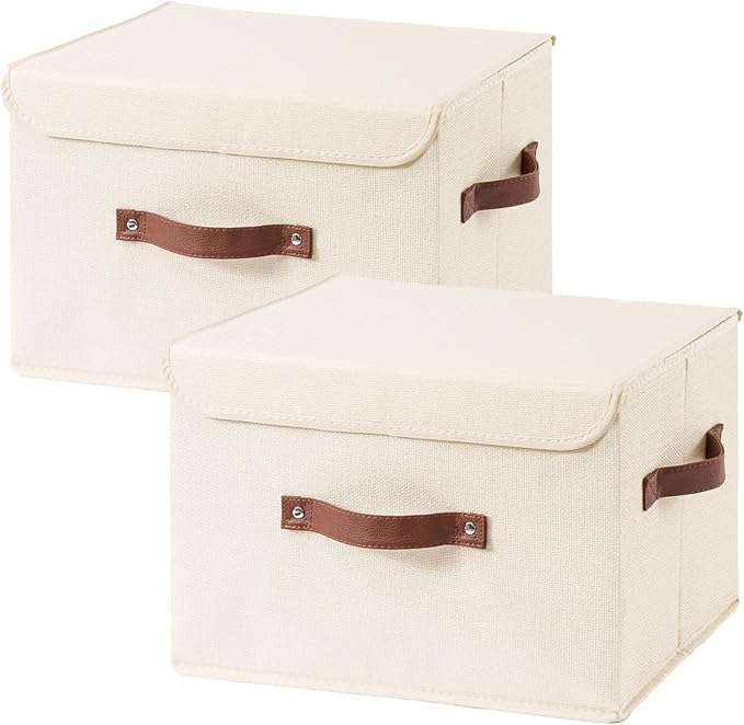 2PCS Collapsible Storage Boxes Baskets with Lid Cotton Linen Fabric Storage Bins with Faux Leather Handles Washable Cube Organizer Container for Home Closet Bedroom (Beige, Large Size)