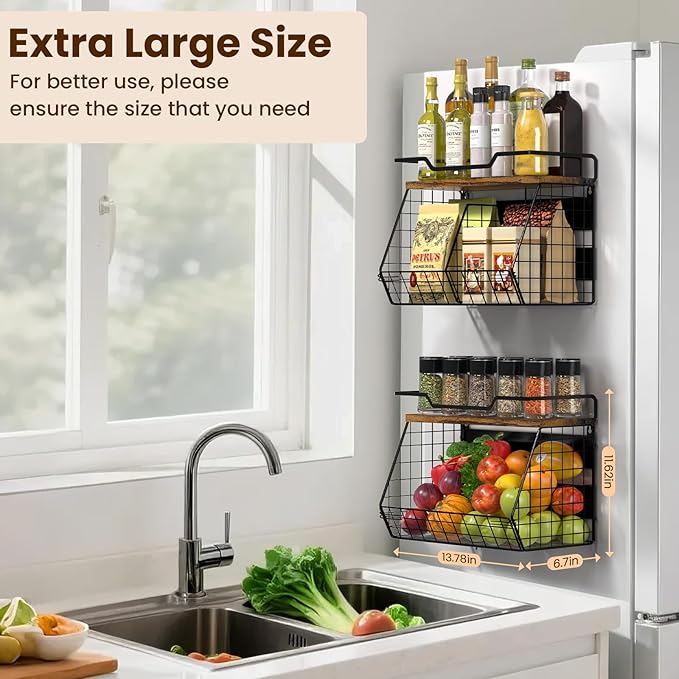 Magnetic Shelf for Fridge with Wood Lid & 4 Hooks, Fruit Potato & Onion Storage Bins, Pantry Organizer & Storage, Large Container Magnetic Spice Rack for Refrigerator, Kitchen Counter & Cabinet