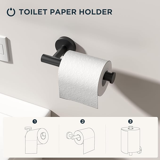 FORIOUS 4 Piece Bathroom Accessories, SUS304 Stainless Steel Toilet Paper Holder, Towel Ring and 2 Towel Hooks, Wall Mounted Bathroom Hardware Set (Matte Black)
