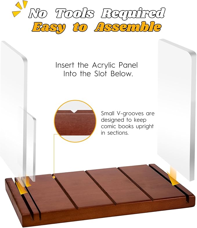 Comic Book Storage Holder，Wood Comic Book Case with three acrylic dividers，Acrylic Comics Book Box，Bin & Organizer，Stores Up To 150 Comics (Brown)