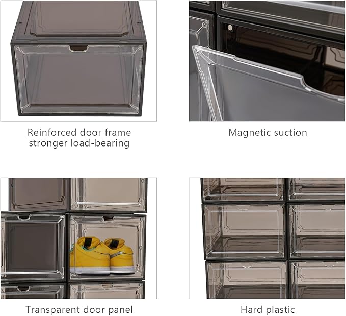 12 Pack Black Brown Shoe Boxs, Acrylic Shoe Storage Box W/ Magnetic Door, Front Door Opening, Stackable Shoe Container, Multifunctional Sneaker Organizer, Acrylic Shoe Display Case 10.63*13.58*7.48in