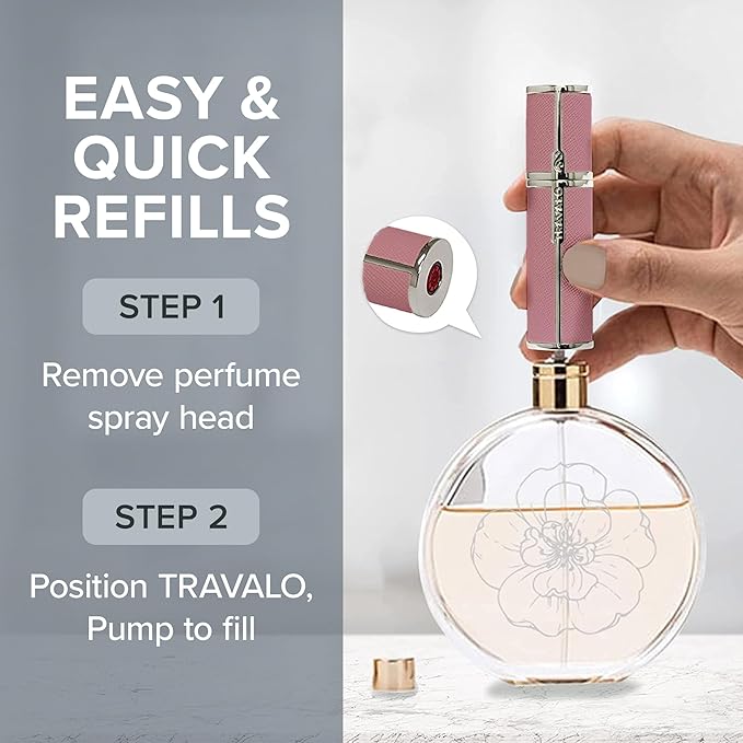 Milano Perfume Atomizer - Leak-Proof and TSA Approved for Air Travel - Reusable, Airtight, Easy Fill Mini Pump Sprayer - Lightweight Vegan Leather w/Polished Metal Outer Shell - Perfect Pink