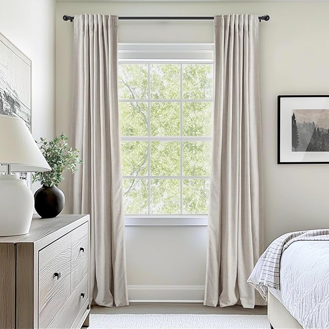 INOVADAY 100% Blackout Curtains for Bedroom, Black Out Curtains 108 Inch Long, Clip Rings Linen Blackout Drapes, Thermal Insulated Room Darkening for Living Room, 2 Panels - Beige,W50xL108